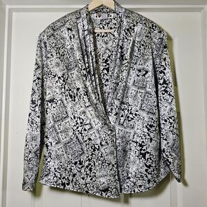 Vintage Jordan Satin Jacket Women’s 6 White Black Floral Blazer Office Daffodils
